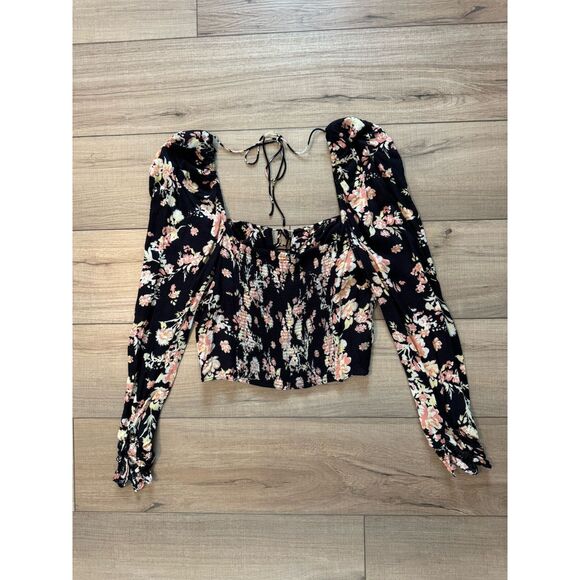 Free People Hilary Print Top Black Combo Boho Floral Blouse Cropped L Large - Picture 2 of 4